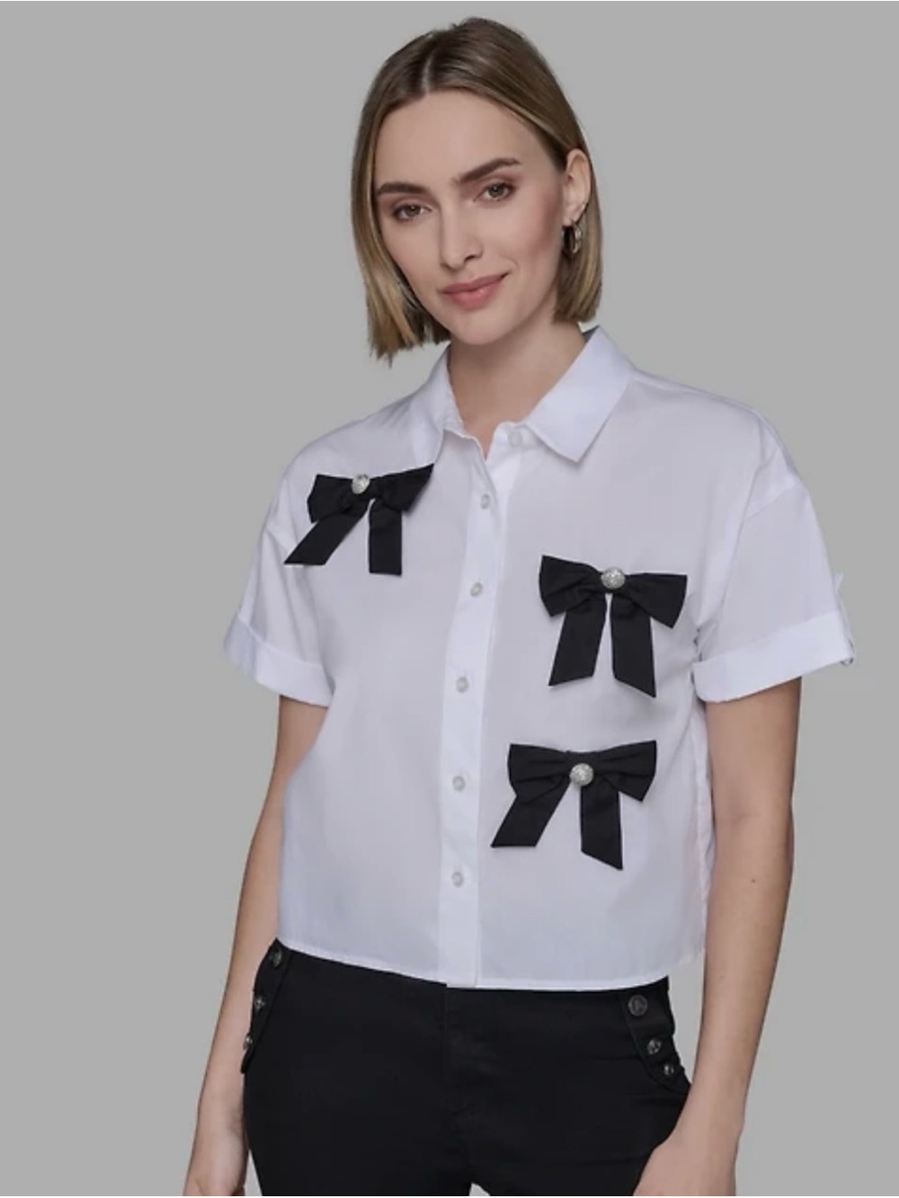 Karl Lagerfeld White Button-Down Top with Black Bow Details